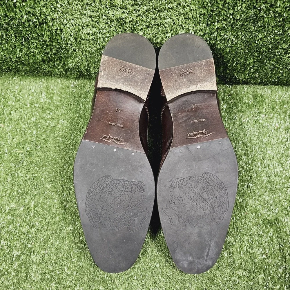 Hugo Boss Brogue Brown Leather Slip On Dress Loafer Shoes Mens Size 44 US 11